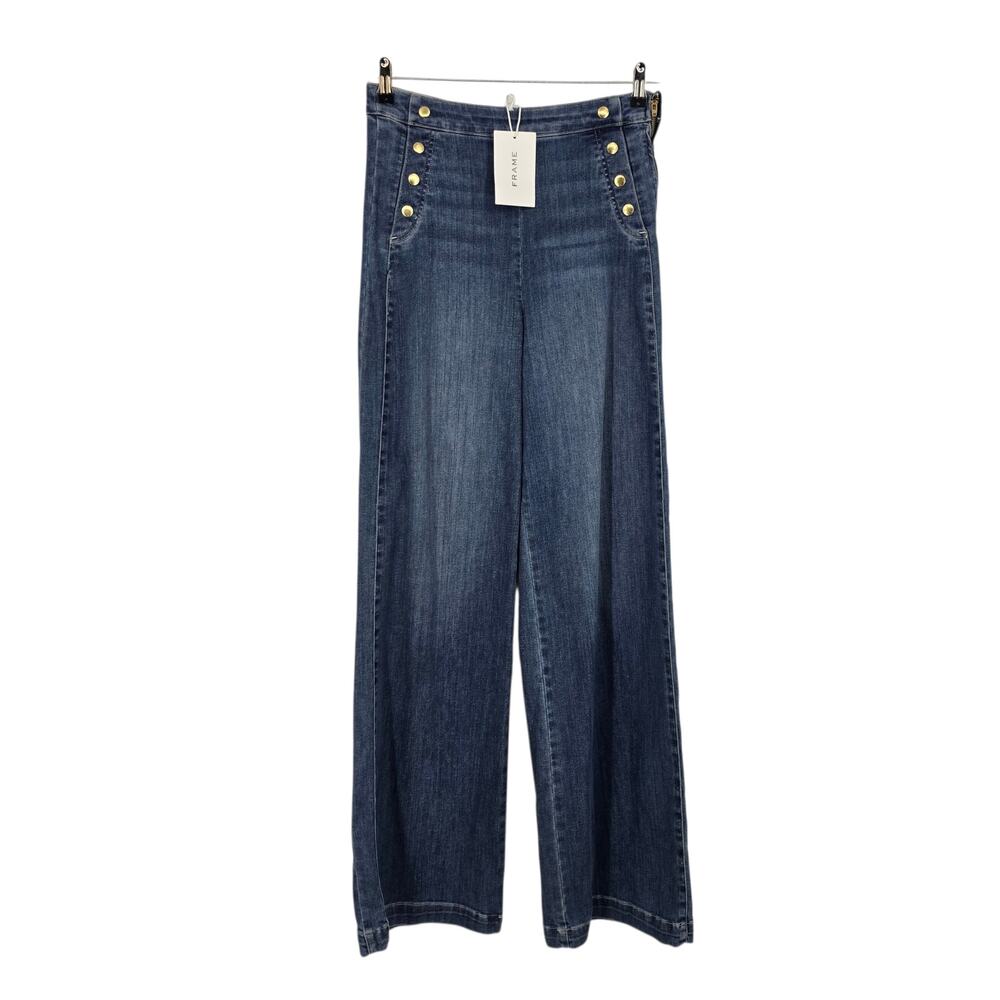 NWT Frame Medium Wash Sailor Snap Wide Leg High Rise Stretch Jeans Size 29